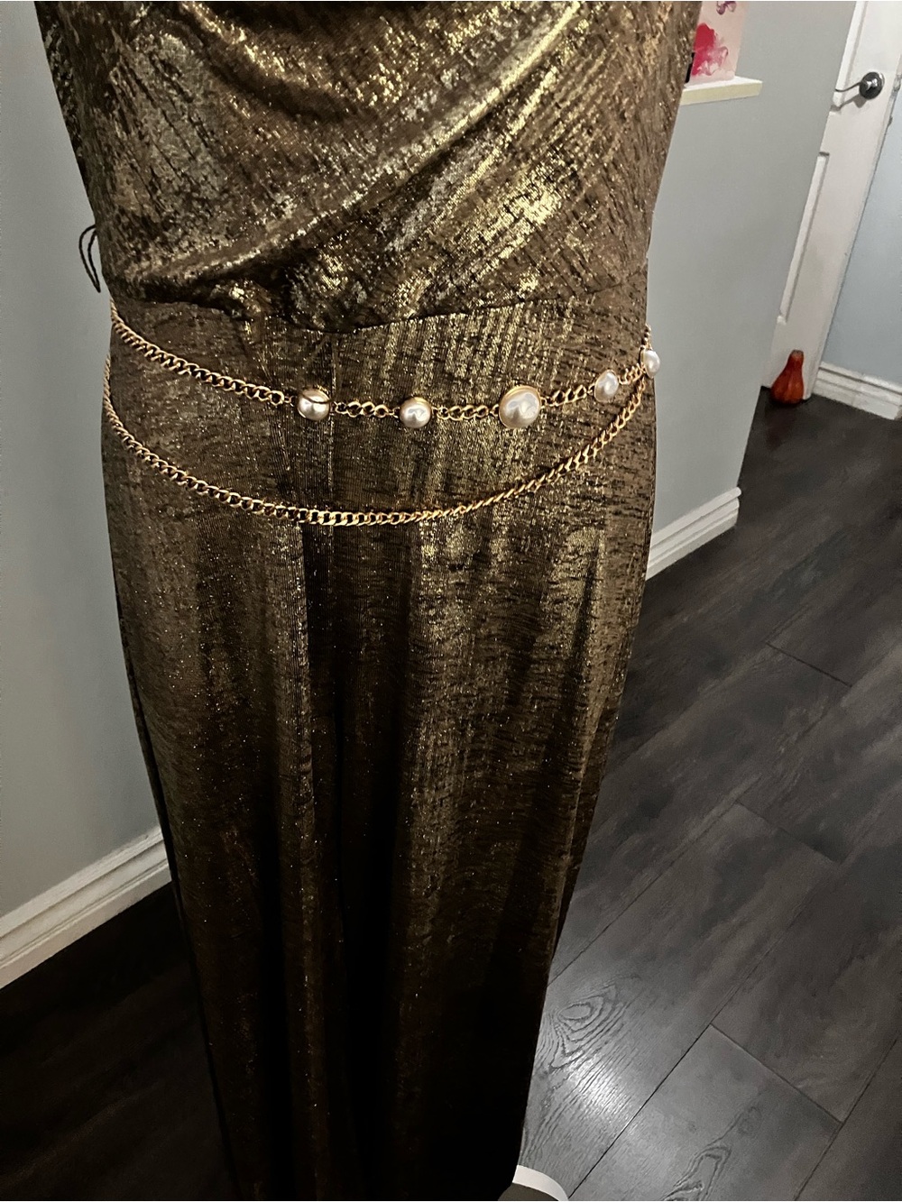 Gold-Tone Double Chain Belt with Pearl Cabochons